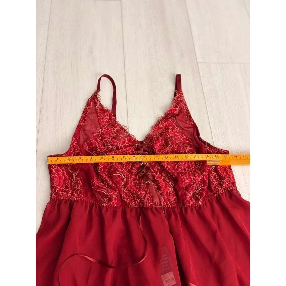 NWT $56‎ Cacique Lingerie Lace Up Babydoll & Thong Set Sz 22/24 Red Sheer